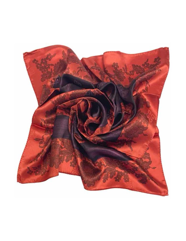Givenchy scarf in satin-silk jacquard with double print: flowers and logo. Finished with hand hemming. Produced in Italy.